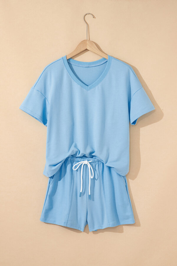 Myosotis V Neck Drop Shoulder Tee and Patchwork Drawstring Shorts Set - Image 7