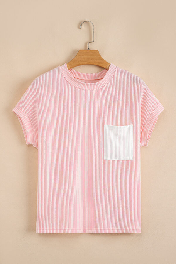 Pink Corded Knit Color Block Pocketed Crew Neck T Shirt - Image 6
