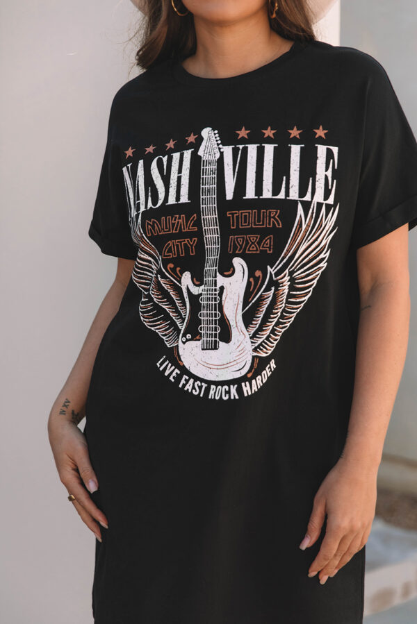 Black Nashville Guitar Print Crew Neck T Shirt Mini Dress - Image 7