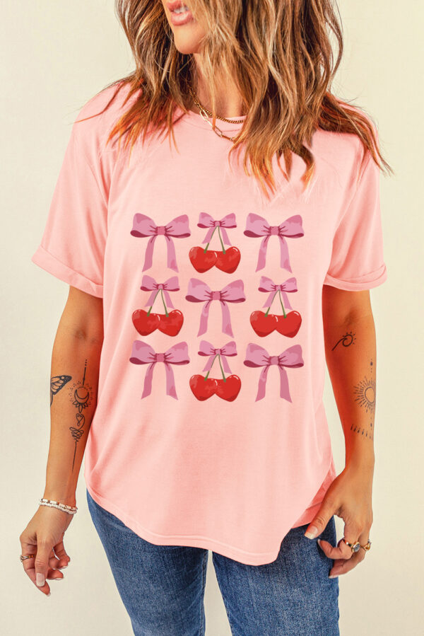 Pink Bow Cherry Print Crew Neck Casual T Shirt - Image 6