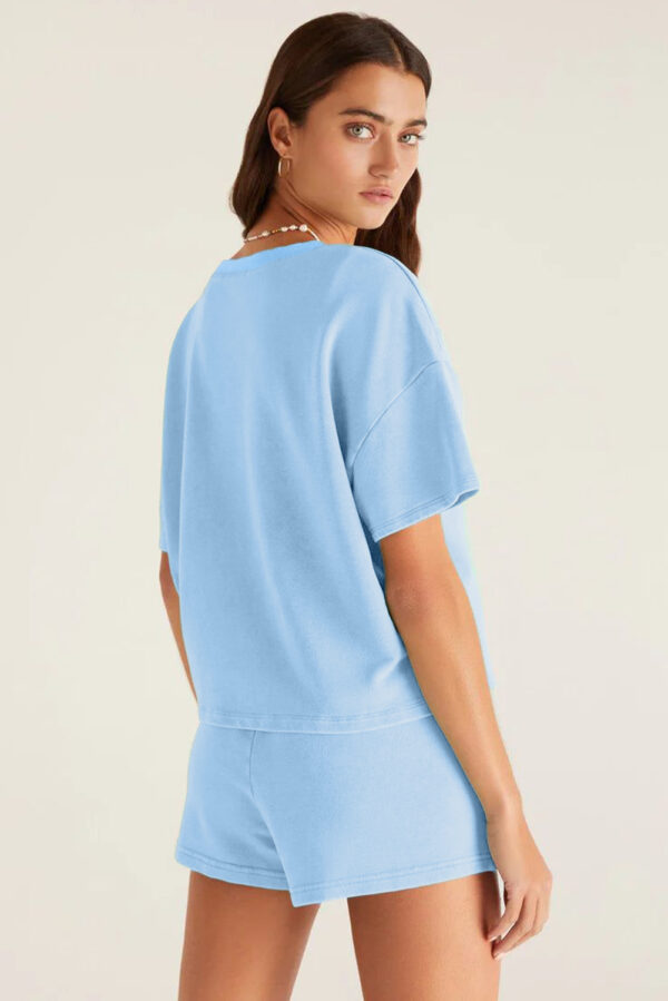 Myosotis V Neck Drop Shoulder Tee and Patchwork Drawstring Shorts Set - Image 2