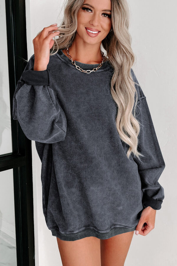 Gray Solid Ribbed Knit Round Neck Pullover Sweatshirt - Image 2