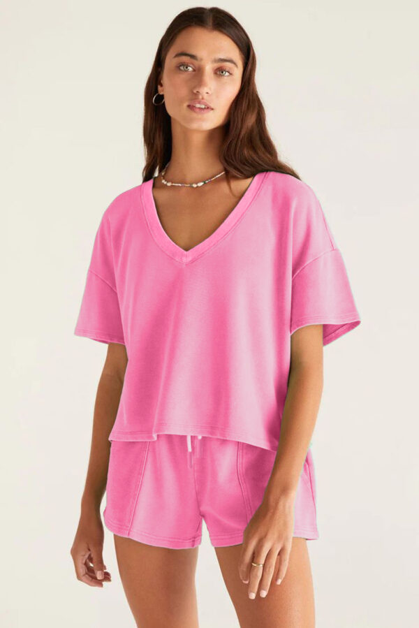 Bonbon V Neck Drop Shoulder Tee and Patchwork Drawstring Shorts Set - Image 3