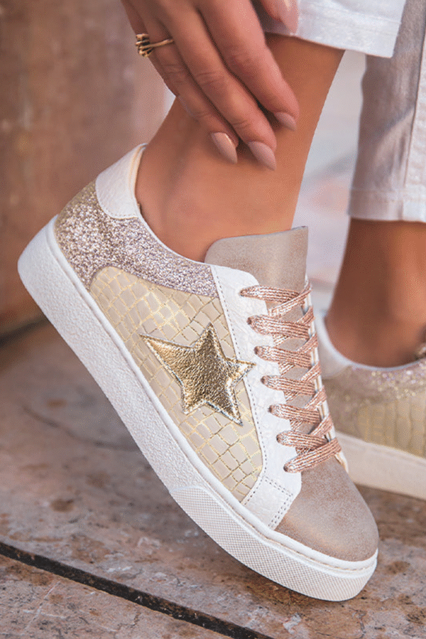 Gold Glitter Star Patchwork PU Leather Lace-up Sneakers - Image 3