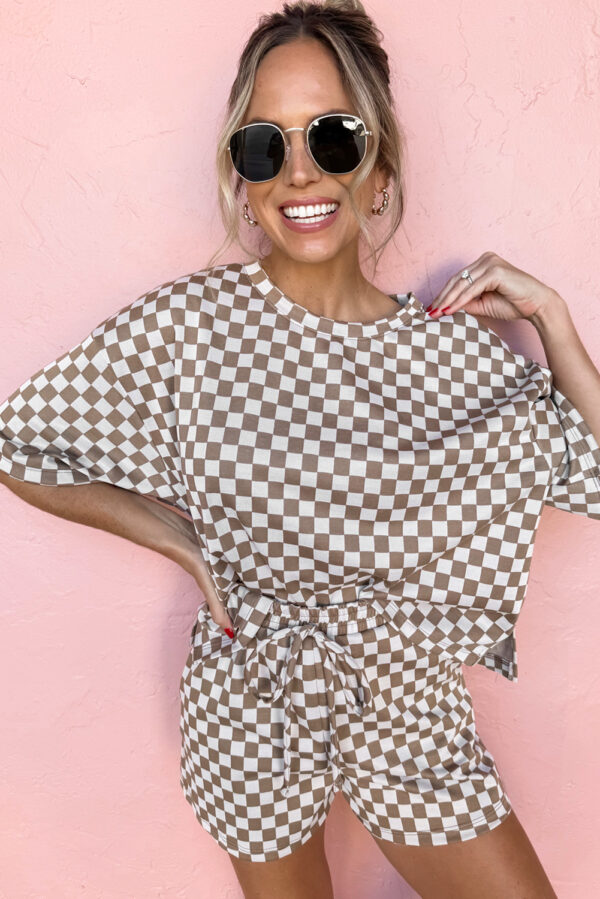 Brown Checkered Top and Short Casual 2pcs Set - Image 3