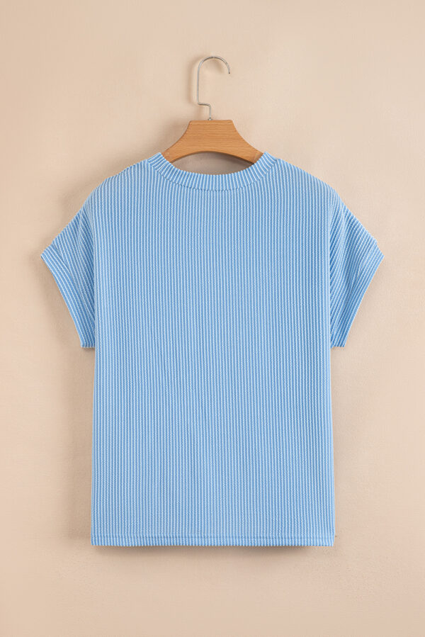 Dark Blue Corded Knit Color Block Pocketed Crew Neck T Shirt - Image 7