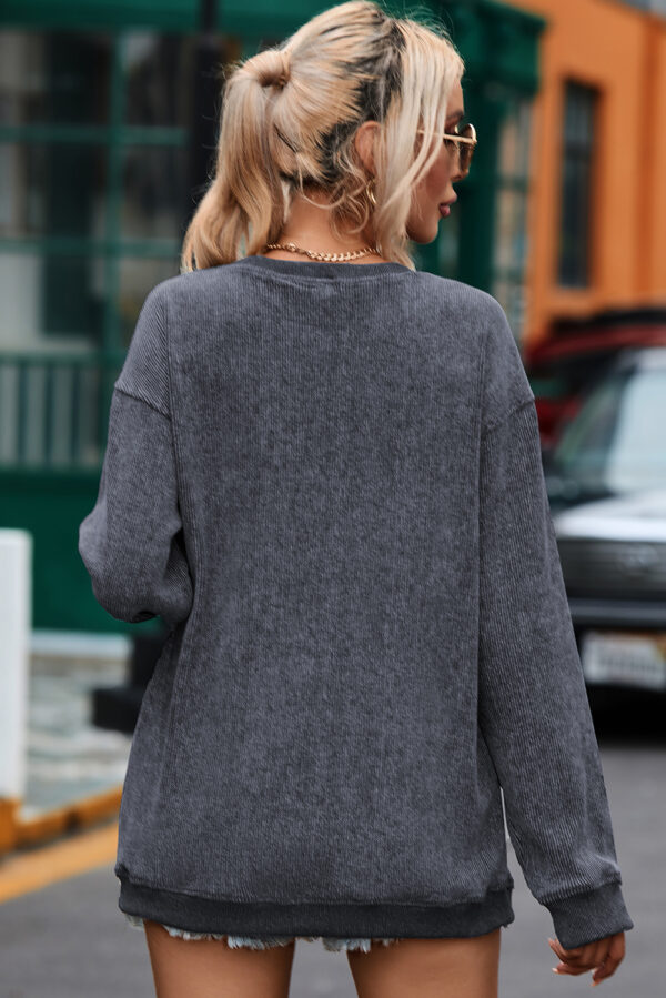 Gray Solid Ribbed Knit Round Neck Pullover Sweatshirt - Image 5