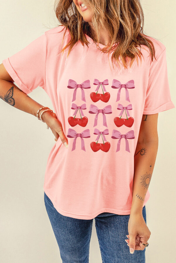 Pink Bow Cherry Print Crew Neck Casual T Shirt - Image 7