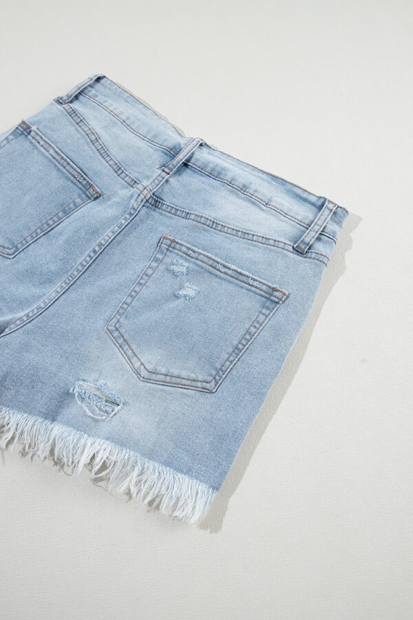 Light Blue Distressed Ripped Raw Hem High Waist Denim Shorts - Image 5