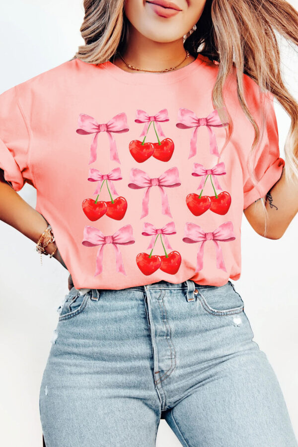 Pink Bow Cherry Print Crew Neck Casual T Shirt - Image 2