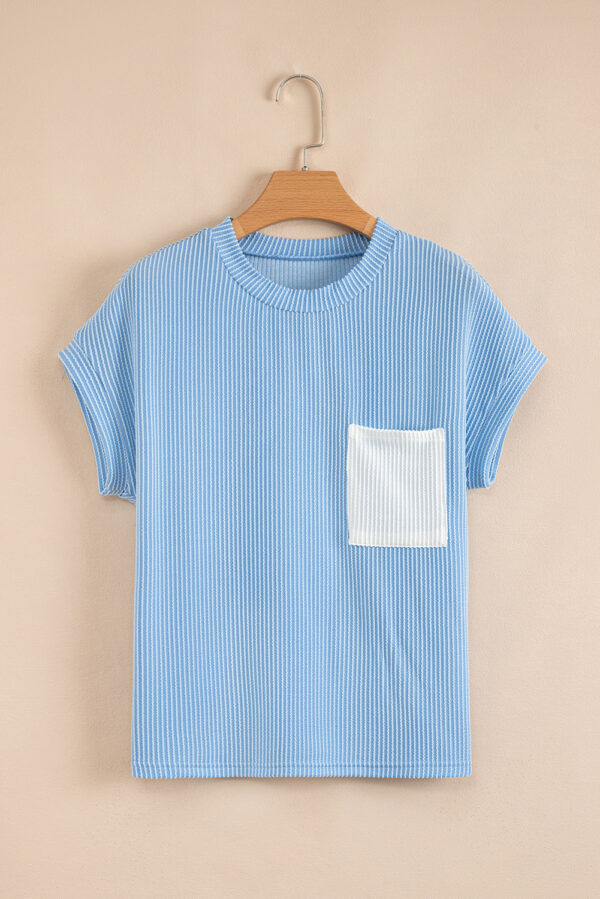 Dark Blue Corded Knit Color Block Pocketed Crew Neck T Shirt - Image 6