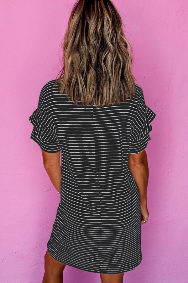 Black Stripe Ruffled Short Sleeve Crew Neck T Shirt Shift Mini Dress - Image 2