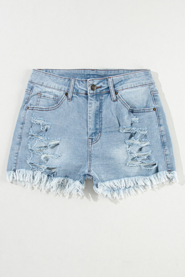 Light Blue Distressed Ripped Raw Hem High Waist Denim Shorts - Image 3