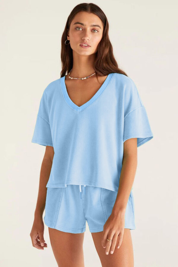 Myosotis V Neck Drop Shoulder Tee and Patchwork Drawstring Shorts Set - Image 3