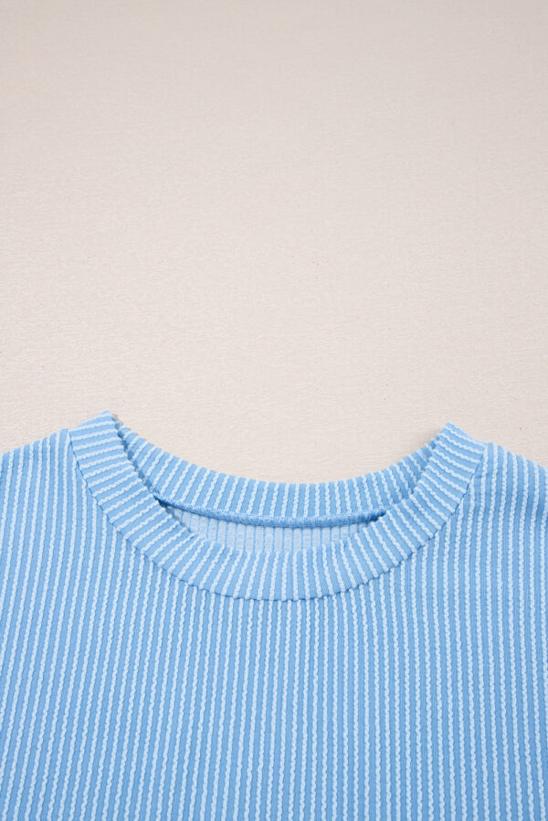 Dark Blue Corded Knit Color Block Pocketed Crew Neck T Shirt - Image 8