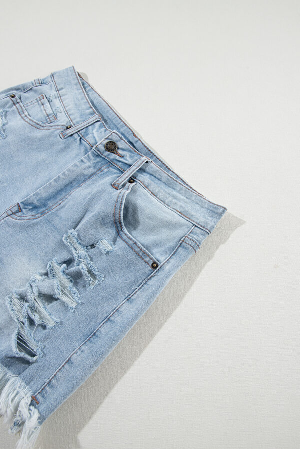 Light Blue Distressed Ripped Raw Hem High Waist Denim Shorts - Image 7
