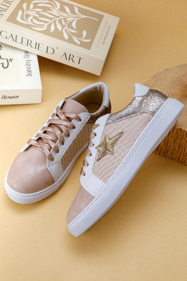 Gold Glitter Star Patchwork PU Leather Lace-up Sneakers - Image 7