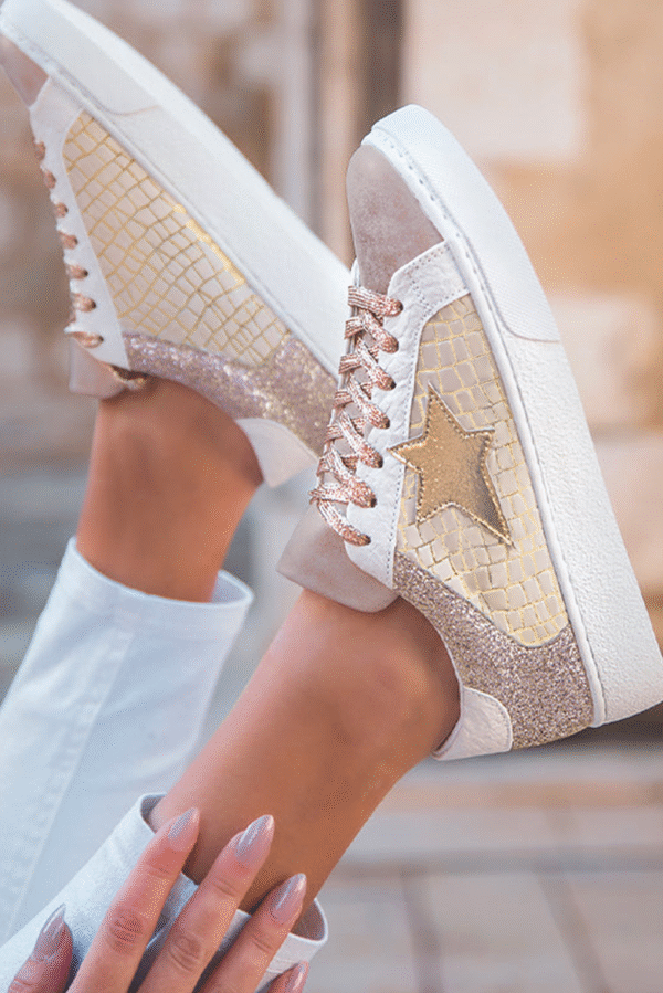 Gold Glitter Star Patchwork PU Leather Lace-up Sneakers - Image 4