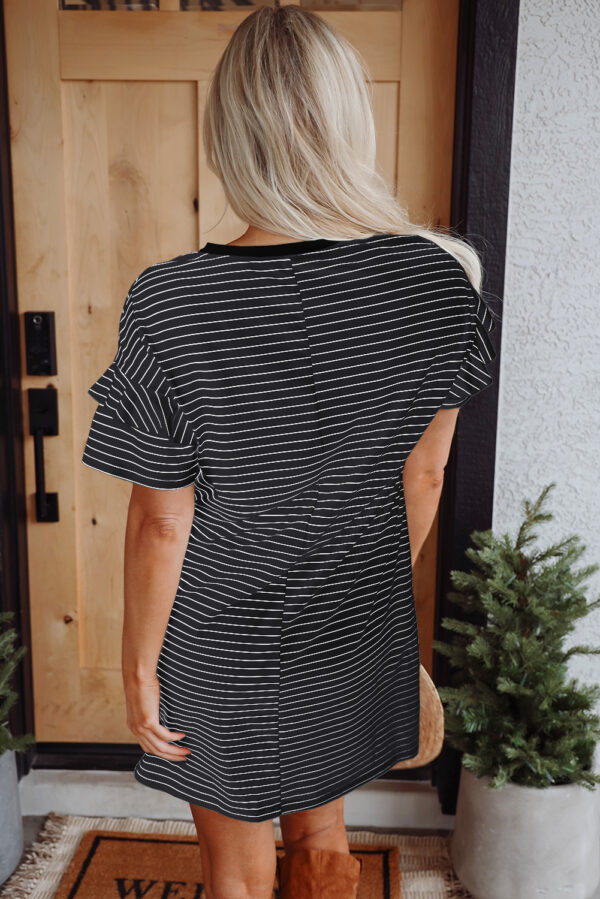 Black Stripe Ruffled Short Sleeve Crew Neck T Shirt Shift Mini Dress - Image 7