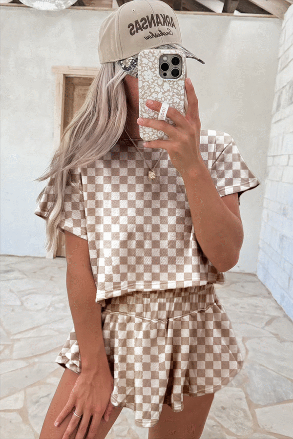 Brown Checkerboard T Shirt and High Waist Skorts 2 Piece Outfit - Image 2