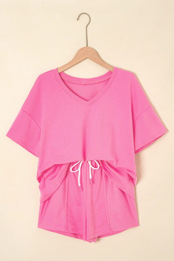 Bonbon V Neck Drop Shoulder Tee and Patchwork Drawstring Shorts Set - Image 7