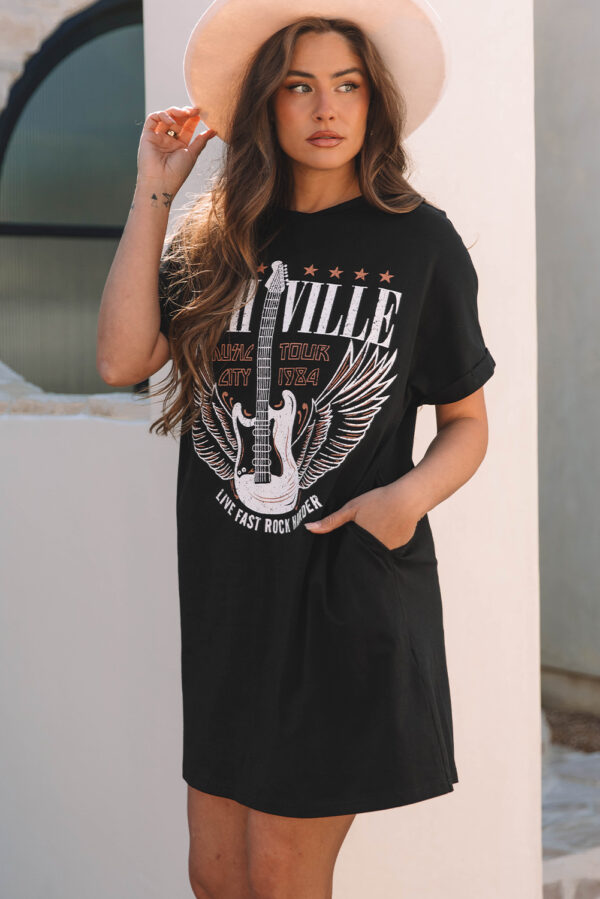 Black Nashville Guitar Print Crew Neck T Shirt Mini Dress - Image 3