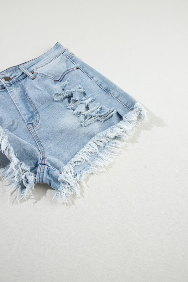 Light Blue Distressed Ripped Raw Hem High Waist Denim Shorts - Image 6