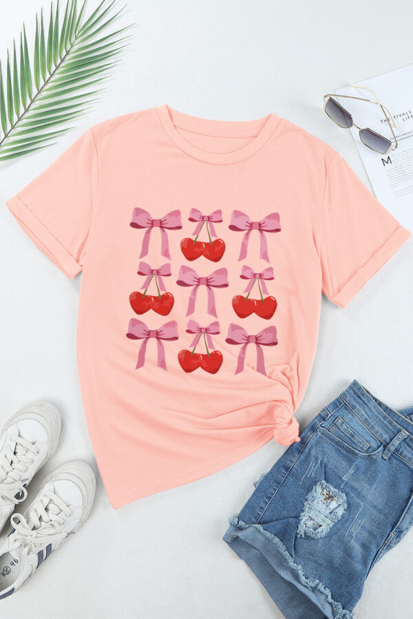 Pink Bow Cherry Print Crew Neck Casual T Shirt - Image 4