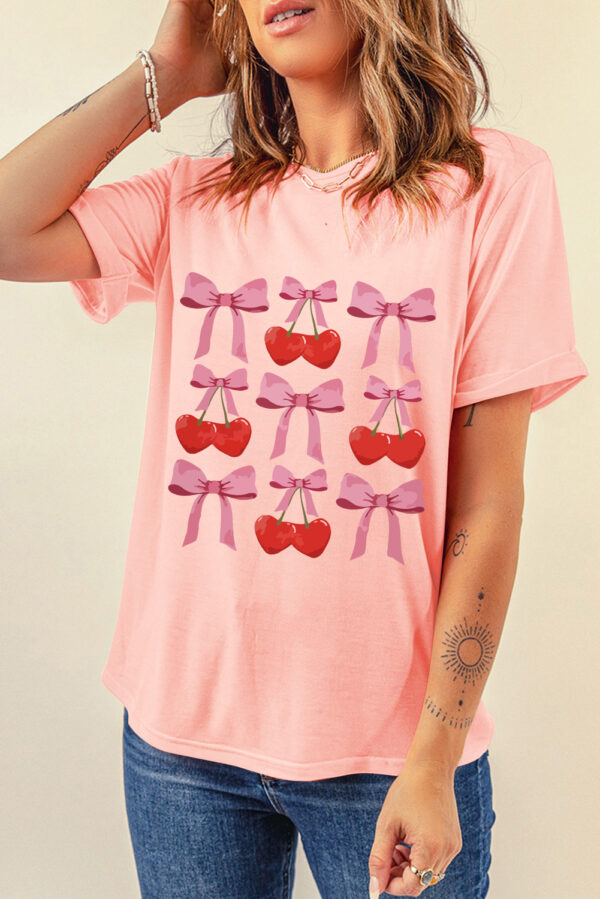 Pink Bow Cherry Print Crew Neck Casual T Shirt - Image 5