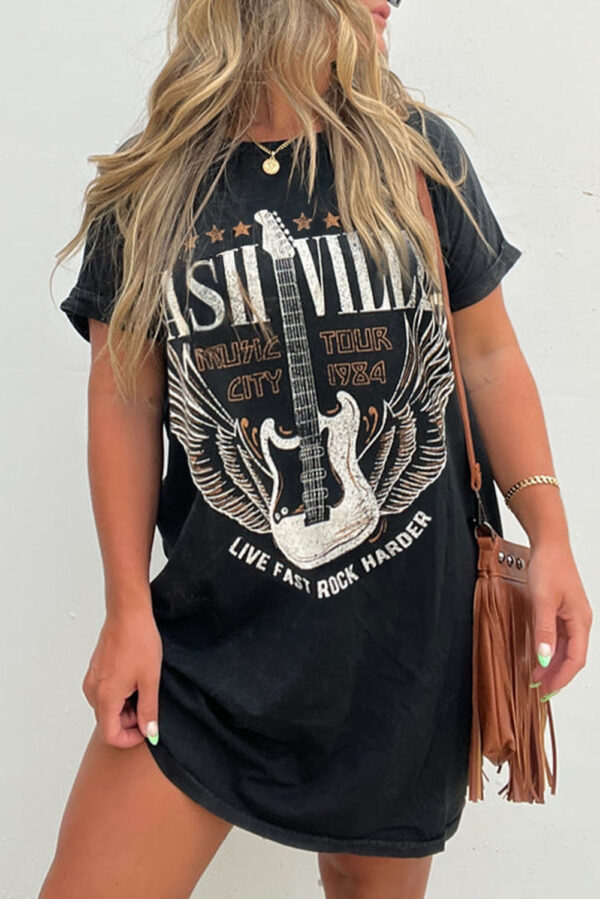 Black Nashville Guitar Print Crew Neck T Shirt Mini Dress - Image 8