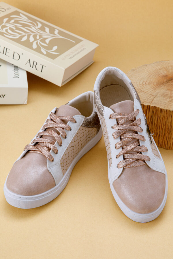 Gold Glitter Star Patchwork PU Leather Lace-up Sneakers - Image 8