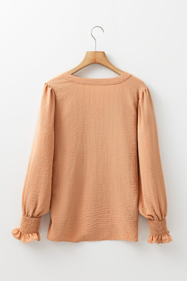 Straw Yellow Solid Color Shirred Cuff Notch V Neck Blouse - Image 7