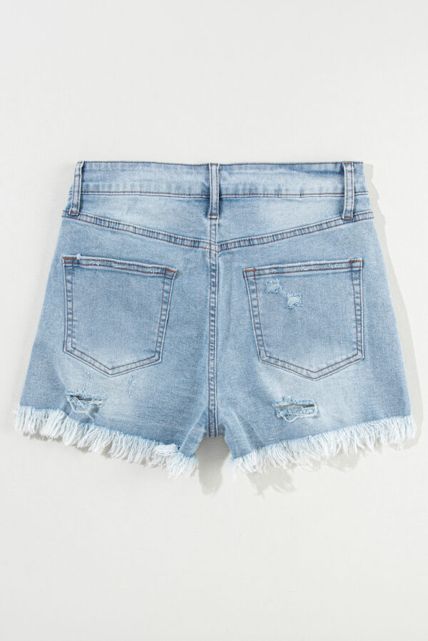 Light Blue Distressed Ripped Raw Hem High Waist Denim Shorts - Image 4