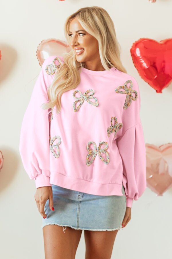 Light Pink Embroidered Bow Lantern Sleeve Oversized Pullover Sweatshirt - Image 7