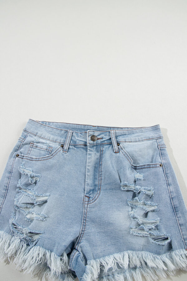 Light Blue Distressed Ripped Raw Hem High Waist Denim Shorts - Image 8